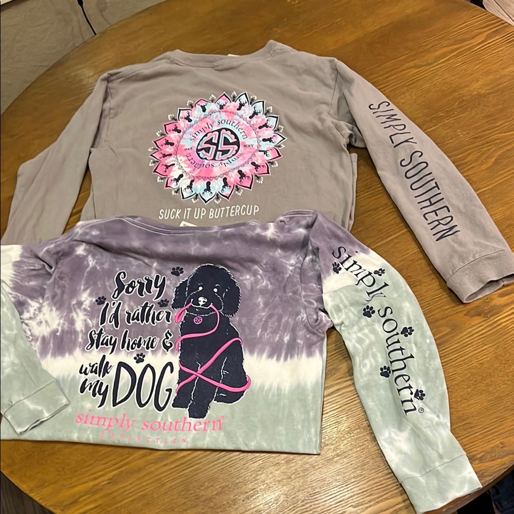 Simply Southern Grey and Purple/Green Tie Dye Long Sleeve Tees Set of 2 Youth L